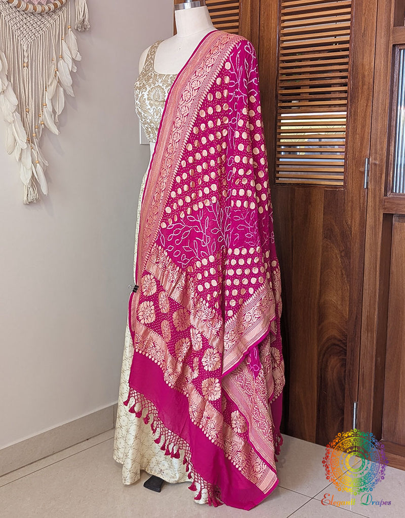 Pink Banarasi Georgette Rai Bandhej Dupatta – Bareek Bandhani – Bandhani Saree Online India | Elegantt Drapes