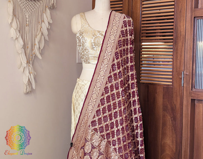 Maroon Banarasi Bandhani Georgette Dupatta – Gharchola Pattern – Bandhani Saree Online India | Elegantt Drapes
