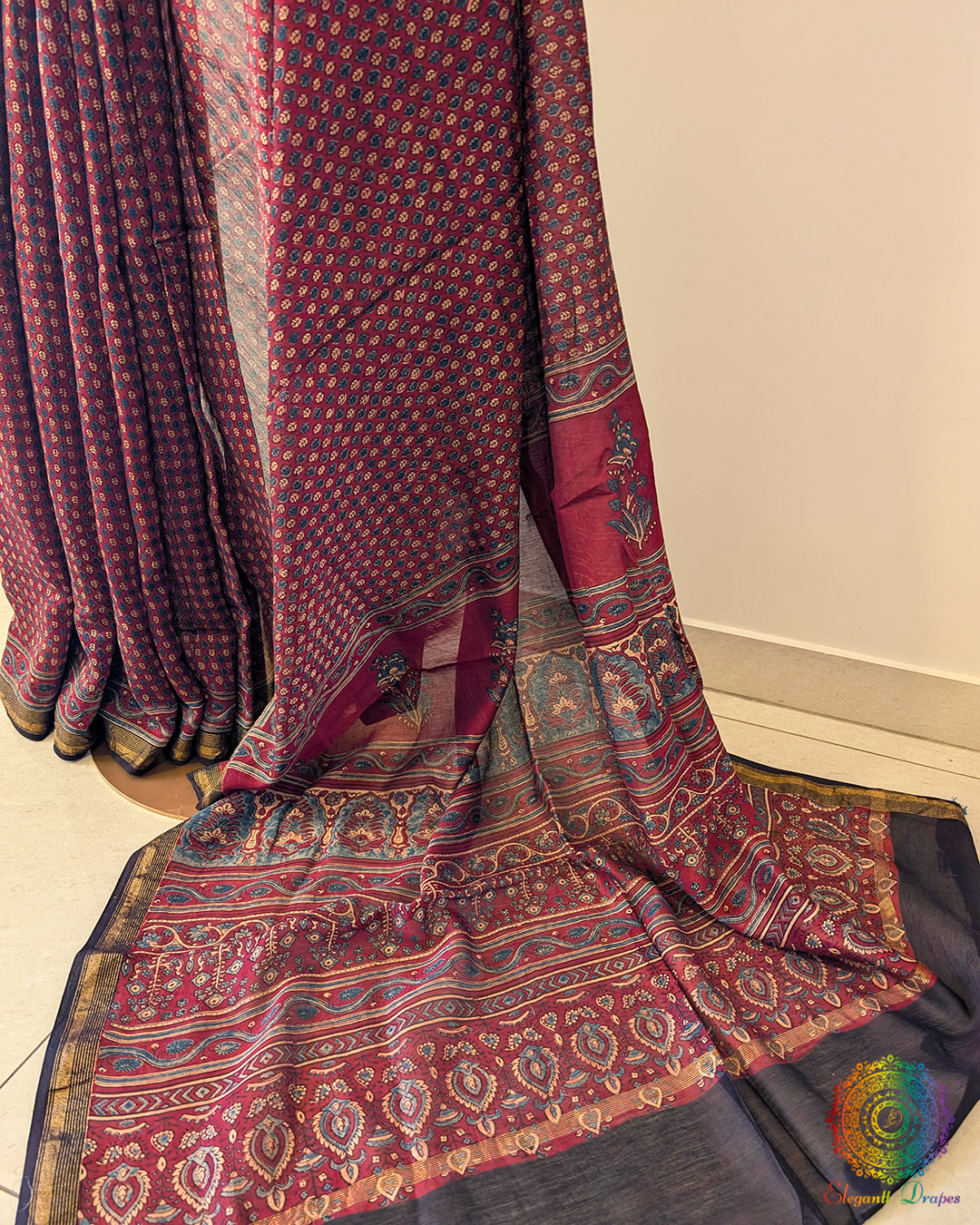 Maroon Chanderi Ajrakh Saree – Ajrakh Saree Online India | Elegantt Drapes