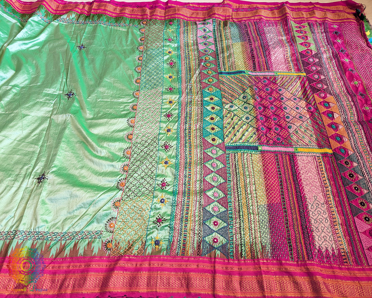 Mint Green Lambani Handwork Pure Ilkal Silk Saree – Ilkal Handloom Saree Online India | Elegantt Drapes