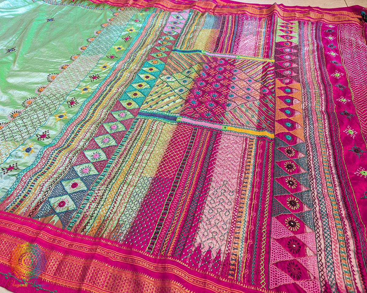 Mint Green Lambani Handwork Pure Ilkal Silk Saree – Ilkal Handloom Saree Online India | Elegantt Drapes