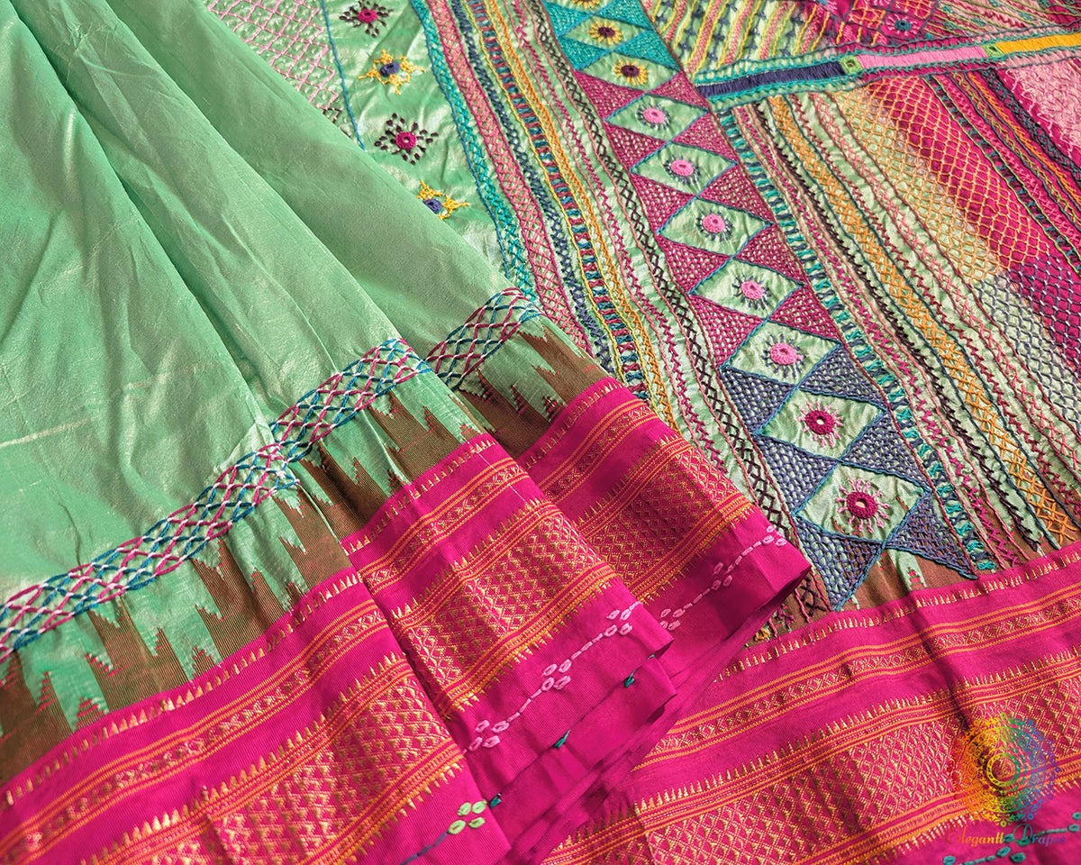 Mint Green Lambani Handwork Pure Ilkal Silk Saree – Ilkal Handloom Saree Online India | Elegantt Drapes