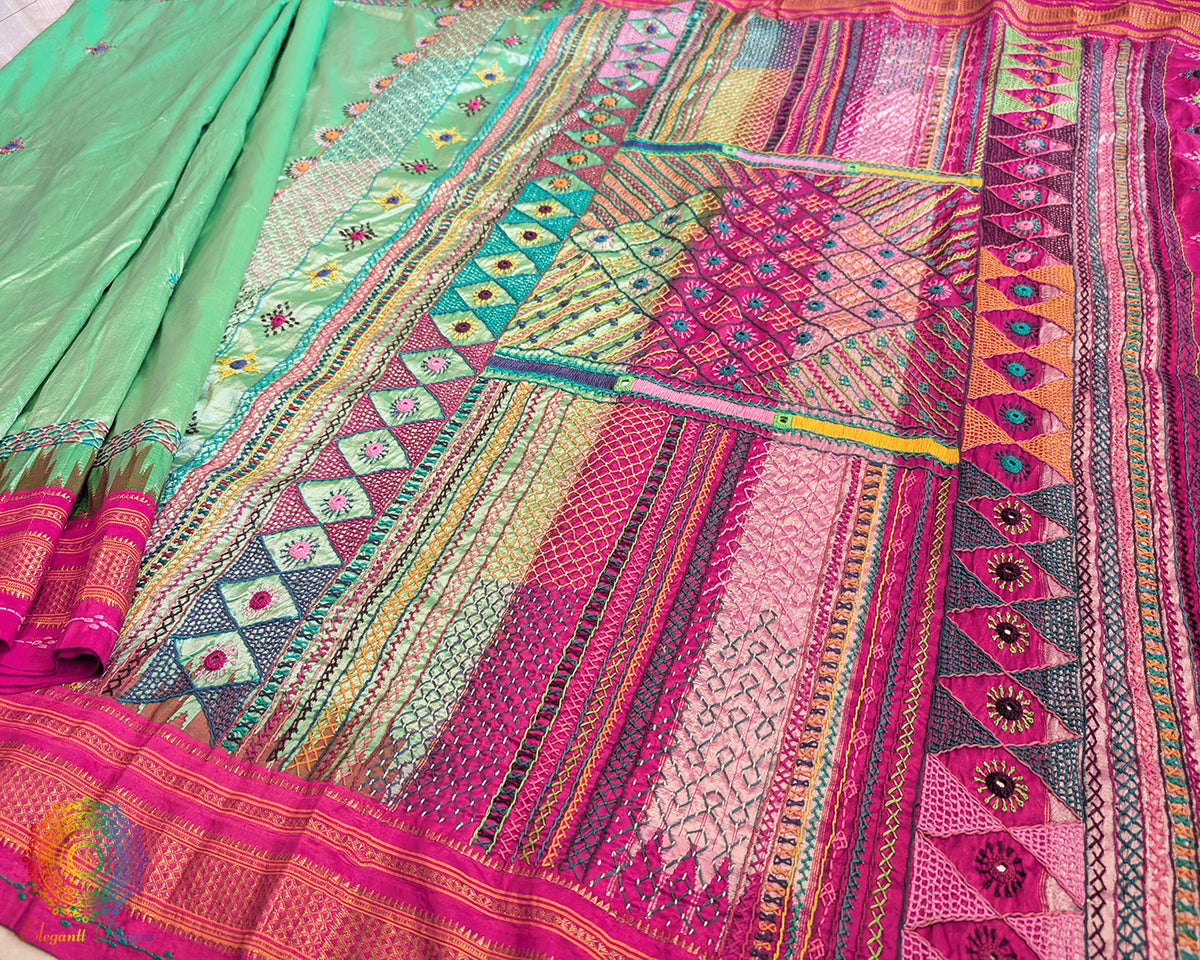 Mint Green Lambani Handwork Pure Ilkal Silk Saree – Ilkal Handloom Saree Online India | Elegantt Drapes