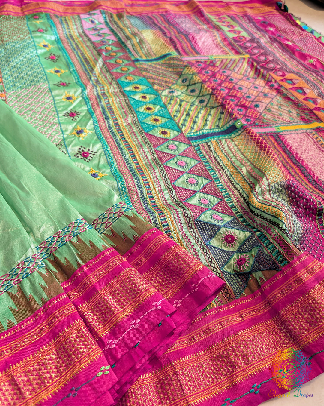 Mint Green Lambani Handwork Pure Ilkal Silk Saree – Ilkal Handloom Saree Online India | Elegantt Drapes