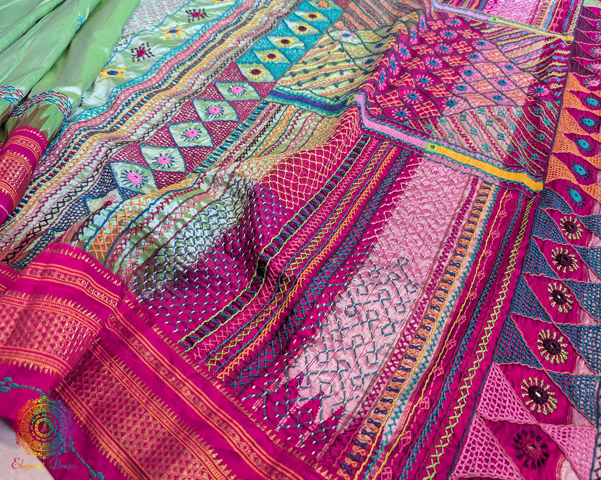 Mint Green Lambani Handwork Pure Ilkal Silk Saree – Ilkal Handloom Saree Online India | Elegantt Drapes