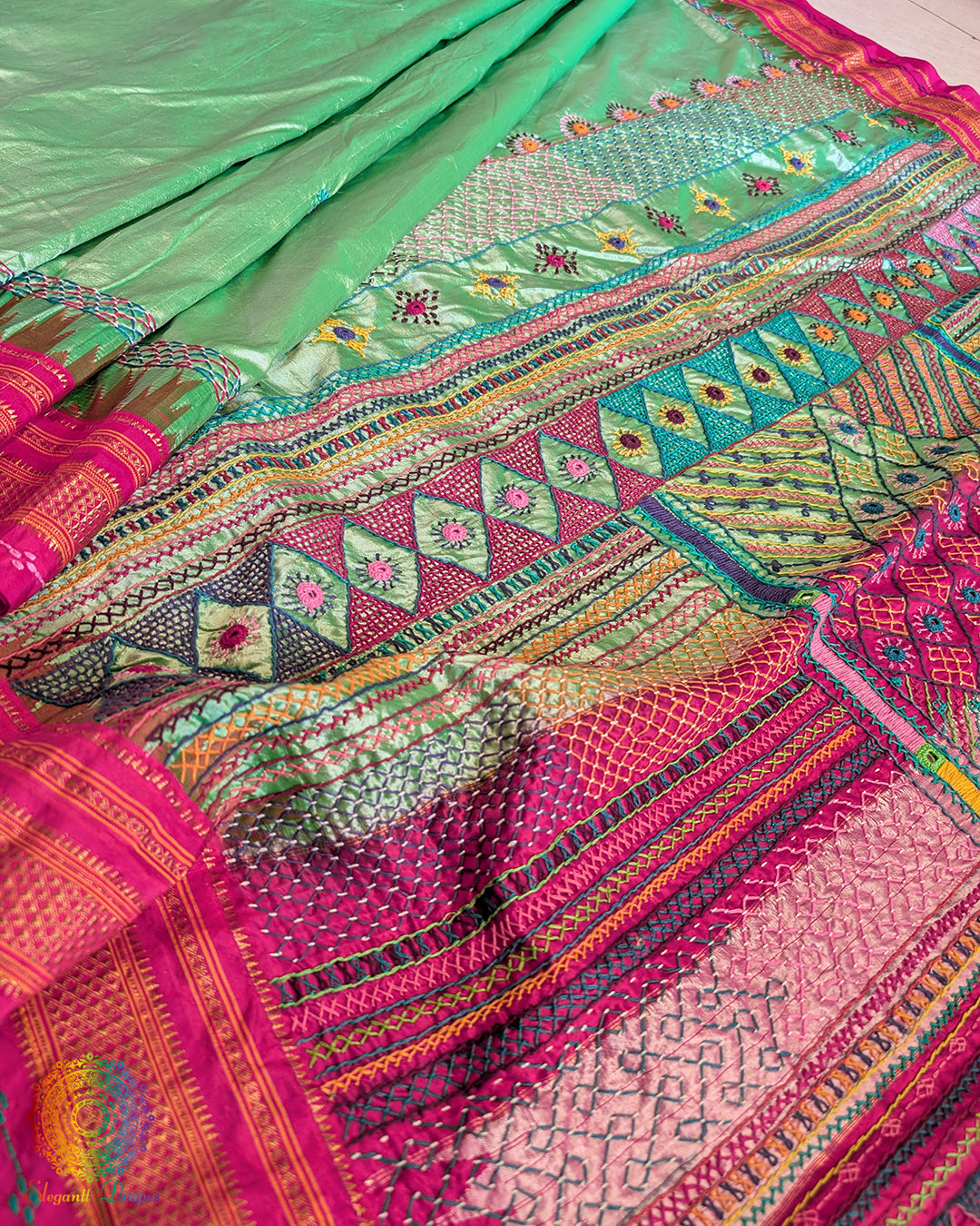 Mint Green Lambani Handwork Pure Ilkal Silk Saree – Ilkal Handloom Saree Online India | Elegantt Drapes