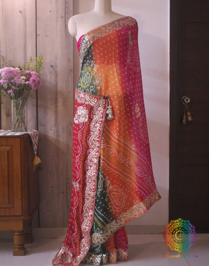 Multi Shaded Pure Crepe Rai Bandhej Gota Patti Saree