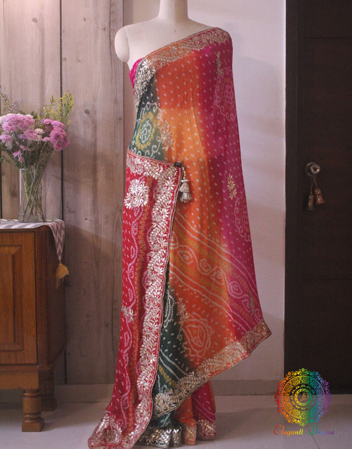 Multi Shaded Pure Crepe Rai Bandhej Gota Patti Saree