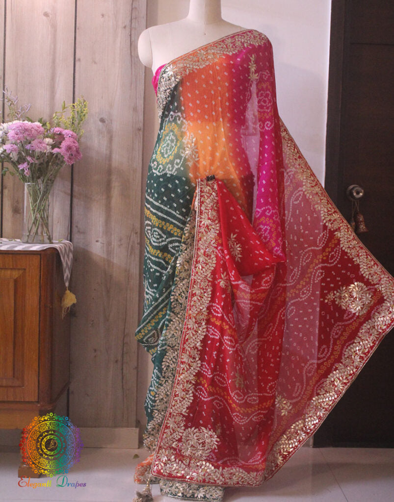 Multi Shaded Pure Crepe Rai Bandhej Gota Patti Saree