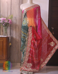 Multi Shaded Pure Crepe Rai Bandhej Gota Patti Saree