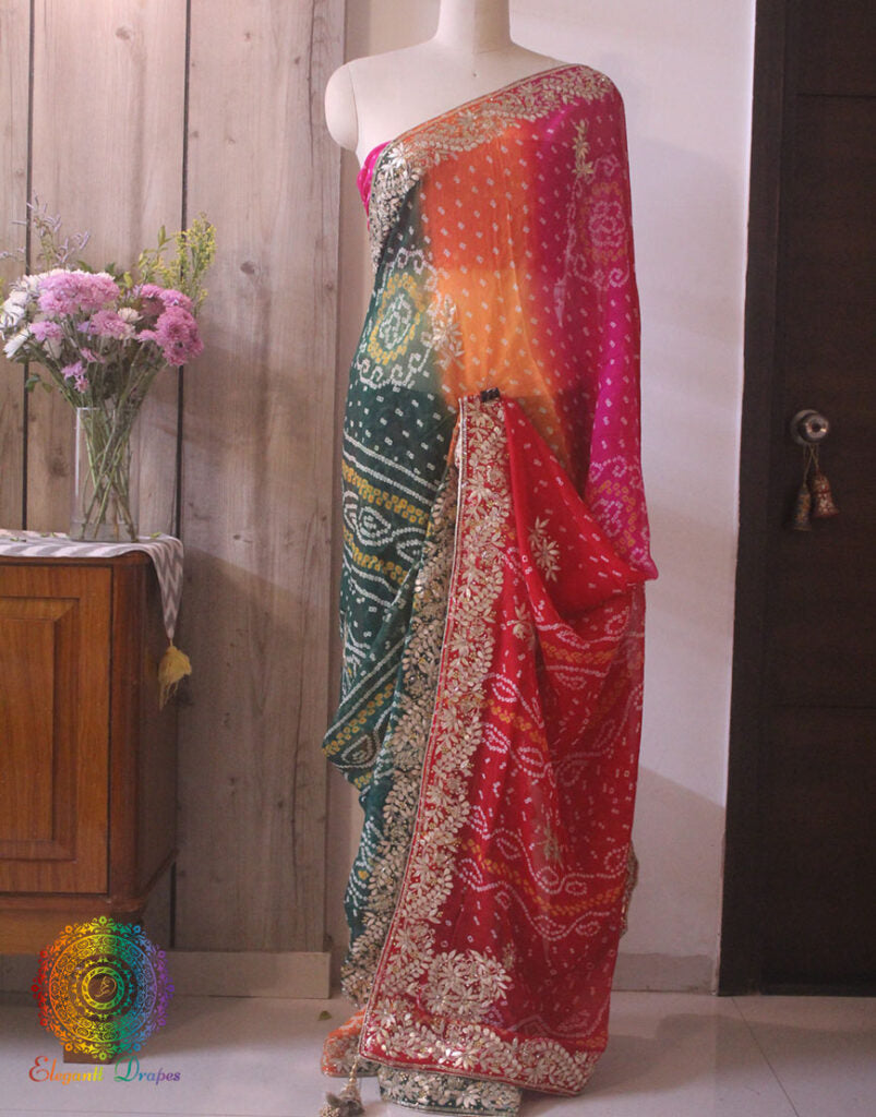 Multi Shaded Pure Crepe Rai Bandhej Gota Patti Saree