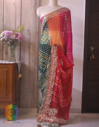 Multi Shaded Pure Crepe Rai Bandhej Gota Patti Saree