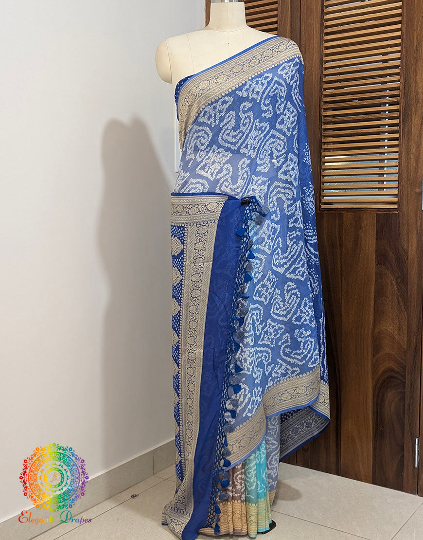 Blue Shaded Banarasi Pure Georgette Bandhani Saree – Bandhani Saree Online India | Elegantt Drapes