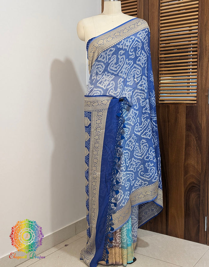 Blue Shaded Banarasi Pure Georgette Bandhani Saree – Bandhani Saree Online India | Elegantt Drapes
