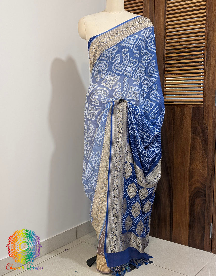 Blue Shaded Banarasi Pure Georgette Bandhani Saree – Bandhani Saree Online India | Elegantt Drapes