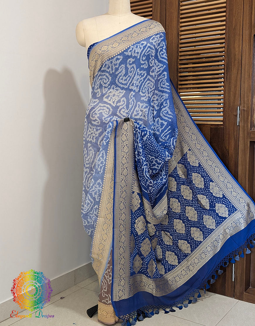 Blue Shaded Banarasi Pure Georgette Bandhani Saree – Bandhani Saree Online India | Elegantt Drapes
