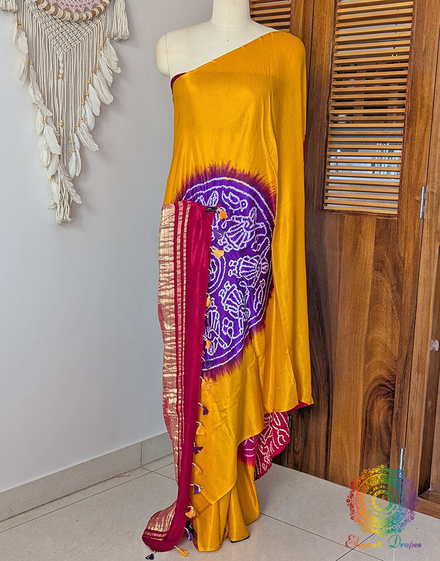 Mustard Pure Gajji Silk Bandhani Saree – Bandhani Saree Online India | Elegantt Drapes