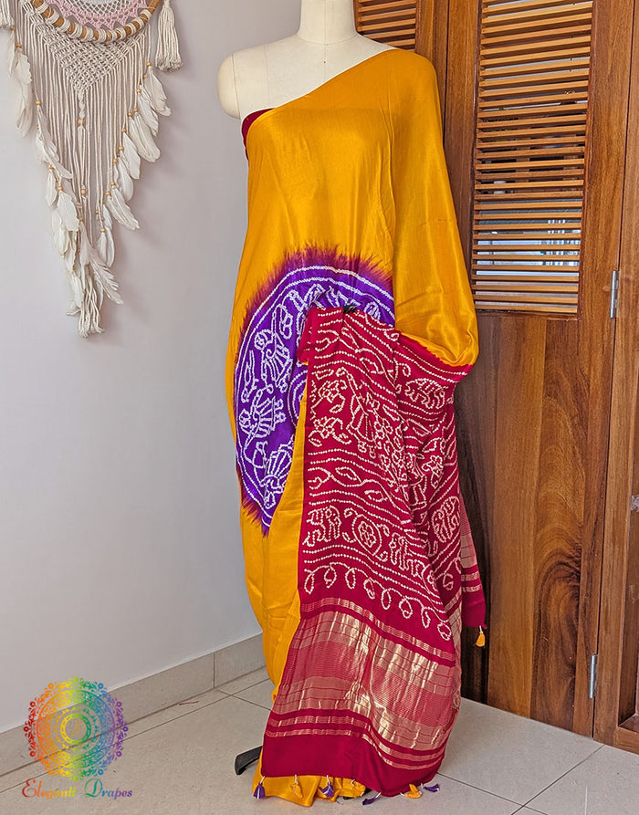 Mustard Pure Gajji Silk Bandhani Saree – Bandhani Saree Online India | Elegantt Drapes