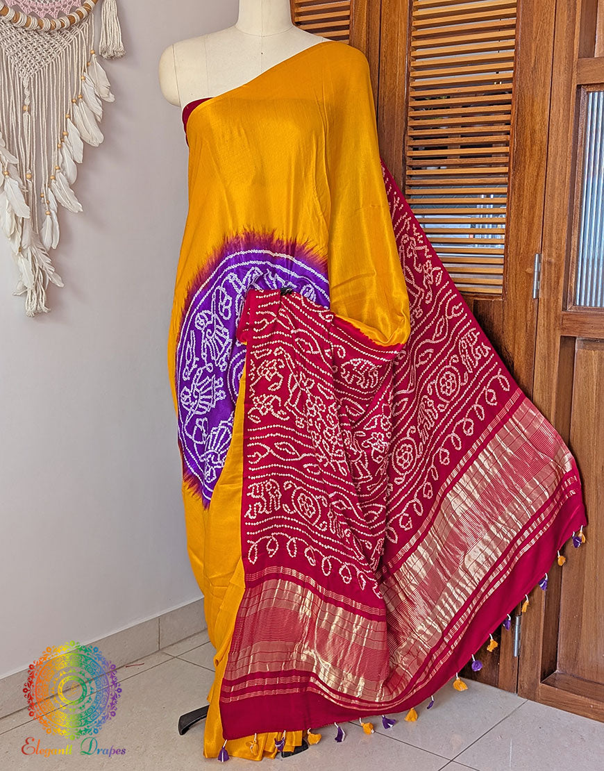 Mustard Pure Gajji Silk Bandhani Saree – Bandhani Saree Online India | Elegantt Drapes