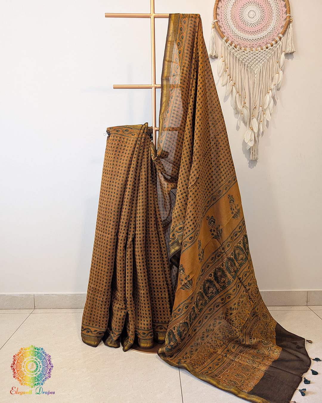 Mustard Chanderi Ajrakh Saree – Ajrakh Saree Online India | Elegantt Drapes