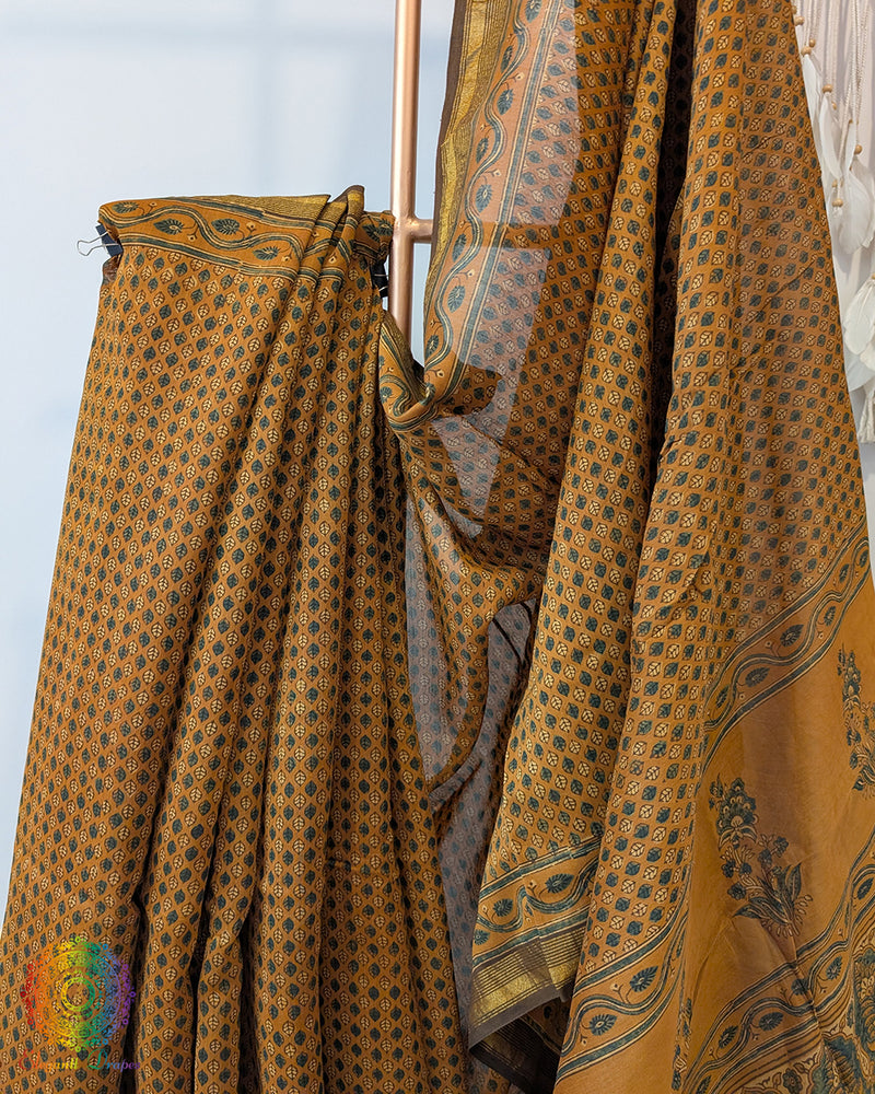 Mustard Chanderi Ajrakh Saree – Ajrakh Saree Online India | Elegantt Drapes