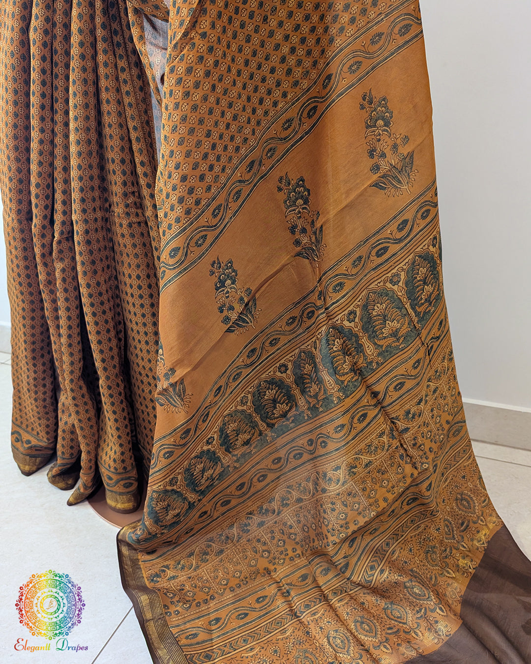 Mustard Chanderi Ajrakh Saree – Ajrakh Saree Online India | Elegantt Drapes