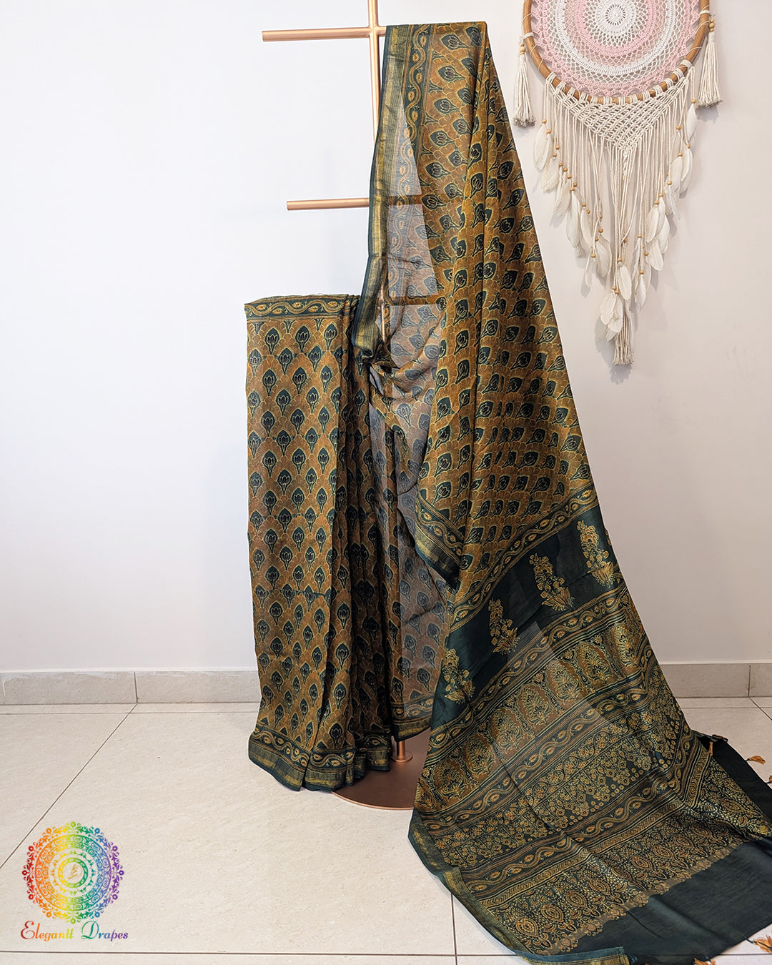 Mustard Yellow Chanderi Ajrakh Saree – Ajrakh Saree Online India | Elegantt Drapes