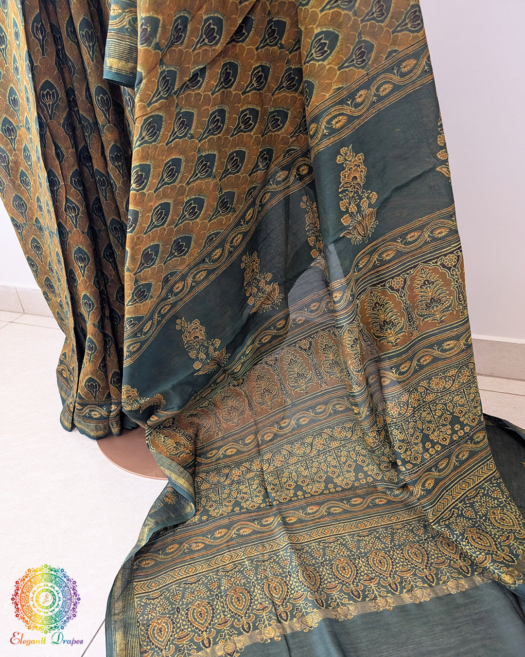 Mustard Yellow Chanderi Ajrakh Saree – Ajrakh Saree Online India | Elegantt Drapes
