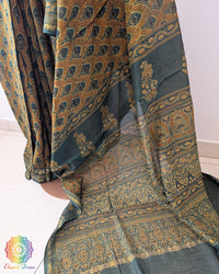 Mustard Yellow Chanderi Ajrakh Saree – Ajrakh Saree Online India | Elegantt Drapes