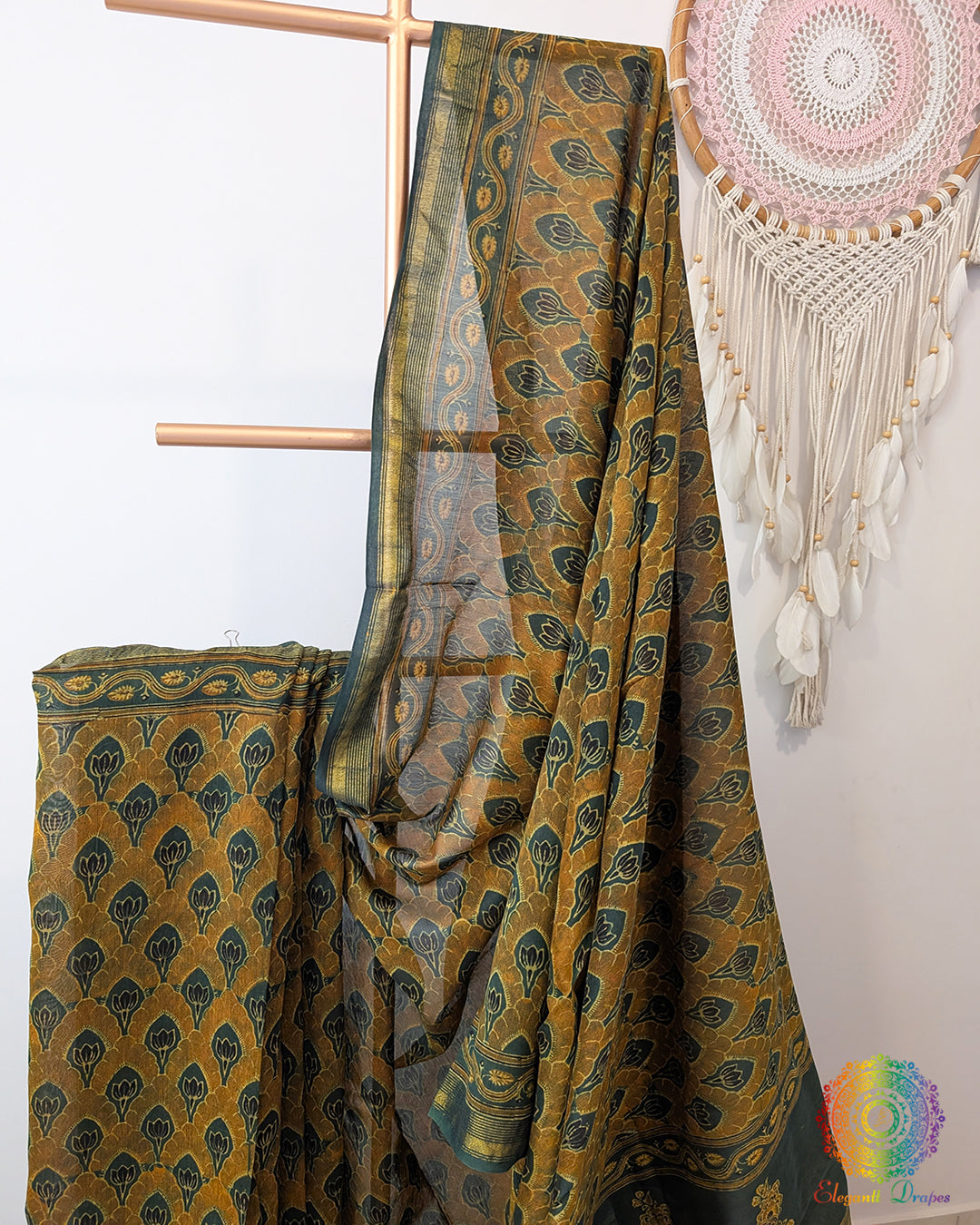 Mustard Yellow Chanderi Ajrakh Saree – Ajrakh Saree Online India | Elegantt Drapes