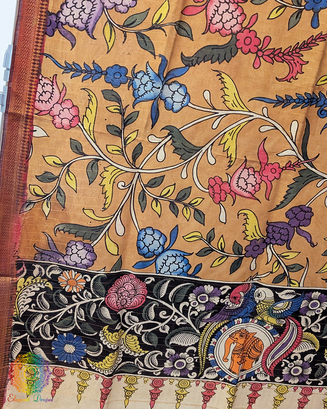Mustard Kalamkari Bangalore Silk Dupatta – Handloom Saree Online India | Elegantt Drapes