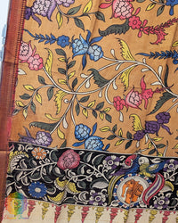 Mustard Kalamkari Bangalore Silk Dupatta – Handloom Saree Online India | Elegantt Drapes