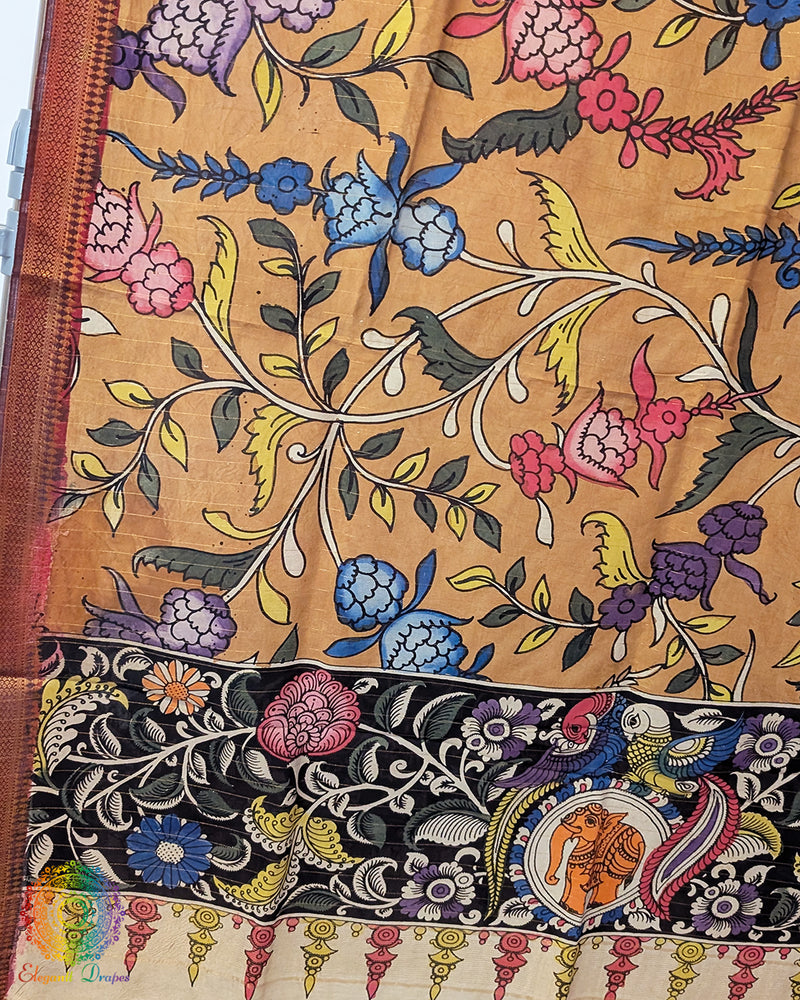 Mustard Kalamkari Bangalore Silk Dupatta – Handloom Saree Online India | Elegantt Drapes