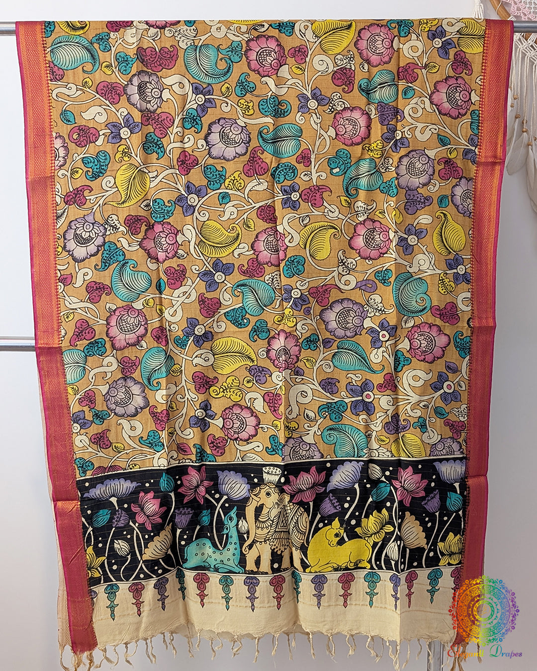 Mustard Pen Kalamkari Bangalore Silk Dupatta – Handloom Saree Online India | Elegantt Drapes