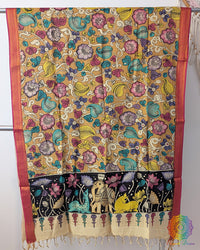 Mustard Pen Kalamkari Bangalore Silk Dupatta – Handloom Saree Online India | Elegantt Drapes