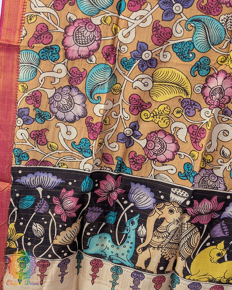 Mustard Pen Kalamkari Bangalore Silk Dupatta – Handloom Saree Online India | Elegantt Drapes