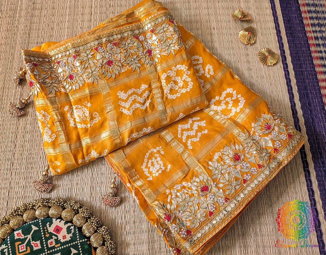 Mustard Gaji Silk Bandhani Gharchola Gota Patti Saree