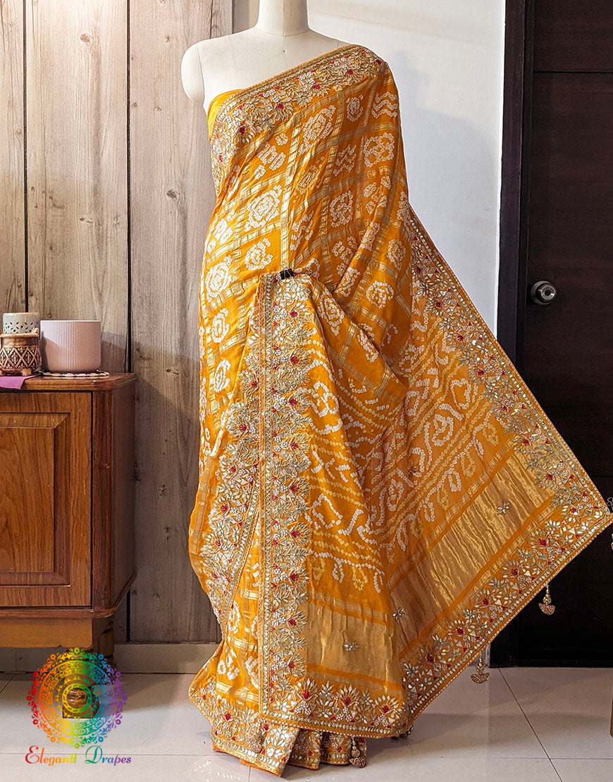 Mustard Gaji Silk Bandhani Gharchola Gota Patti Saree