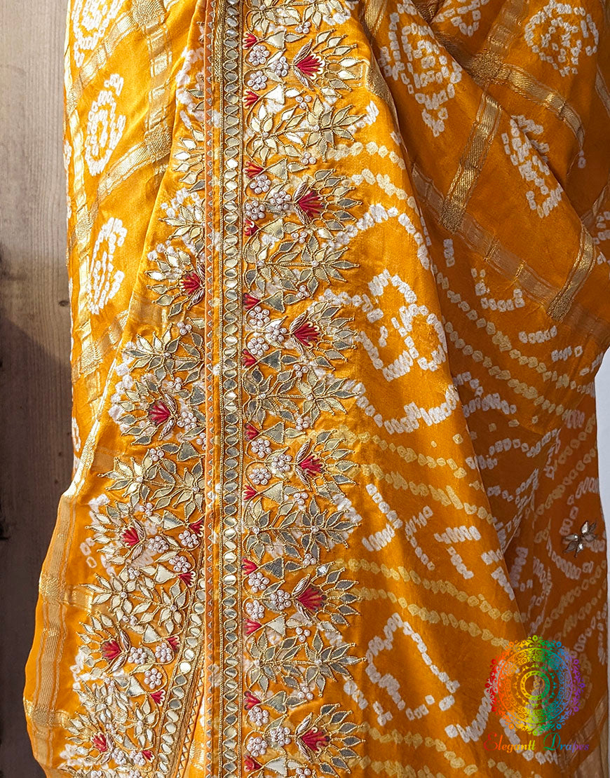 Mustard Gaji Silk Bandhani Gharchola Gota Patti Saree