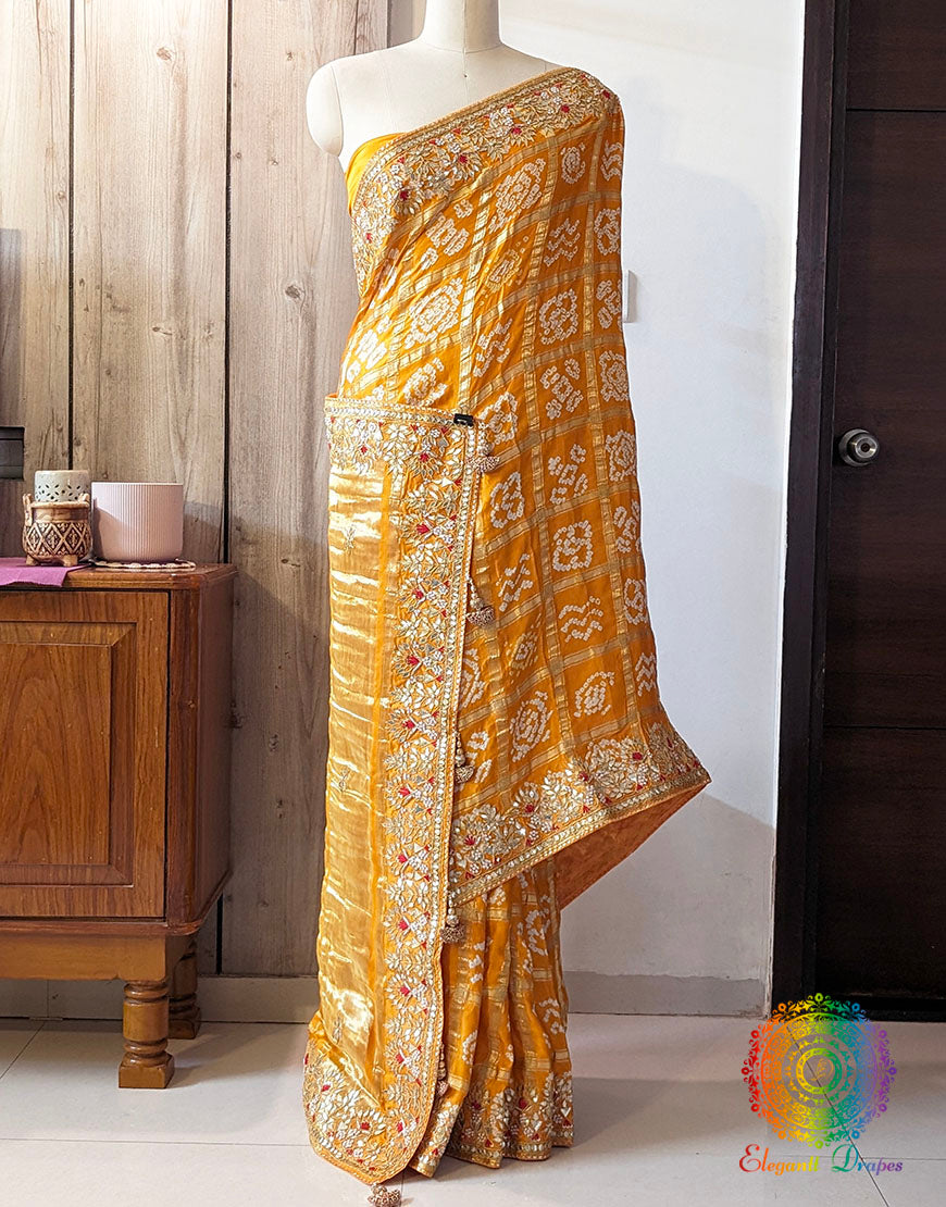 Mustard Gaji Silk Bandhani Gharchola Gota Patti Saree