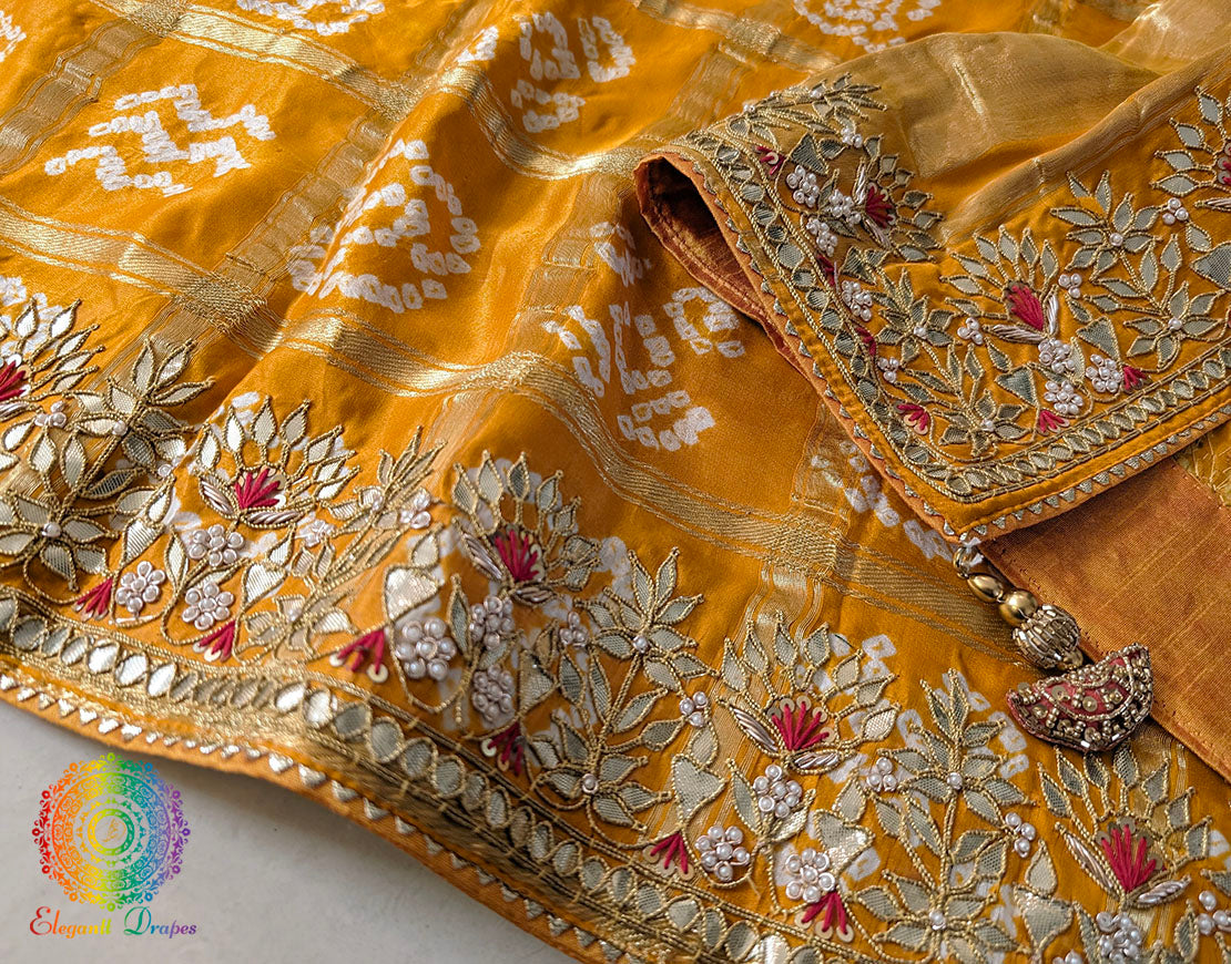 Mustard Gaji Silk Bandhani Gharchola Gota Patti Saree