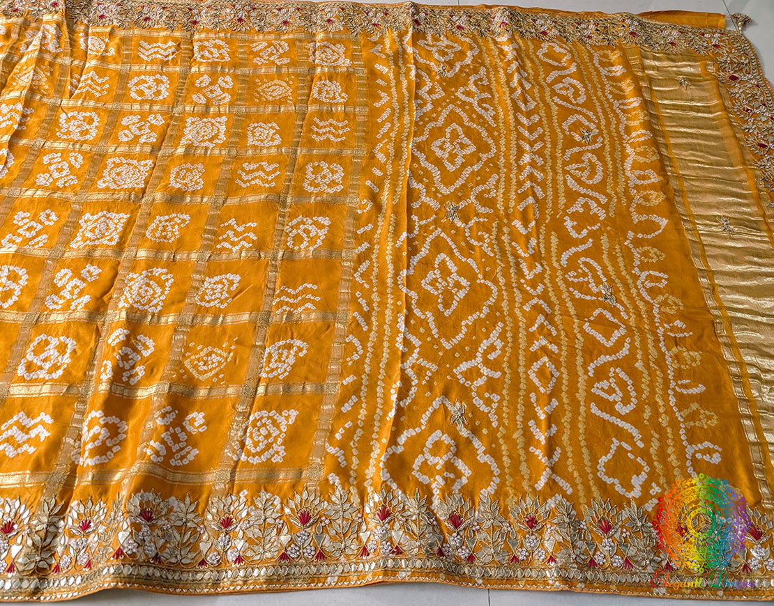 Mustard Gaji Silk Bandhani Gharchola Gota Patti Saree