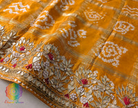 Mustard Gaji Silk Bandhani Gharchola Gota Patti Saree