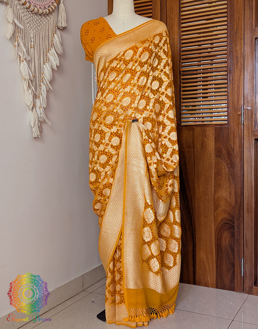 Mustard Banarasi Bandhani Khaddi Georgette Saree – Bandhani Saree Online India | Elegantt Drapes