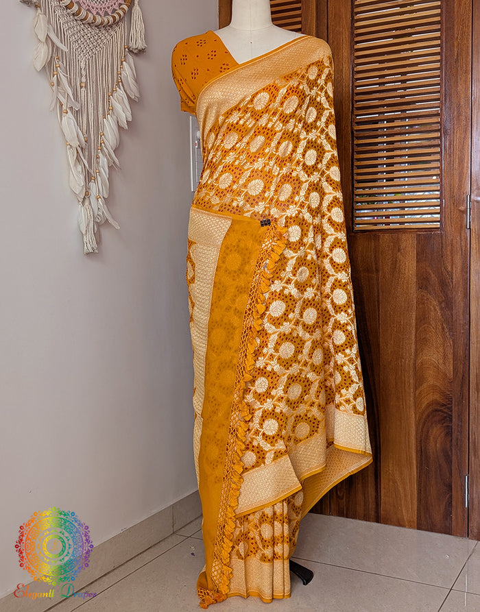 Mustard Banarasi Bandhani Khaddi Georgette Saree – Bandhani Saree Online India | Elegantt Drapes