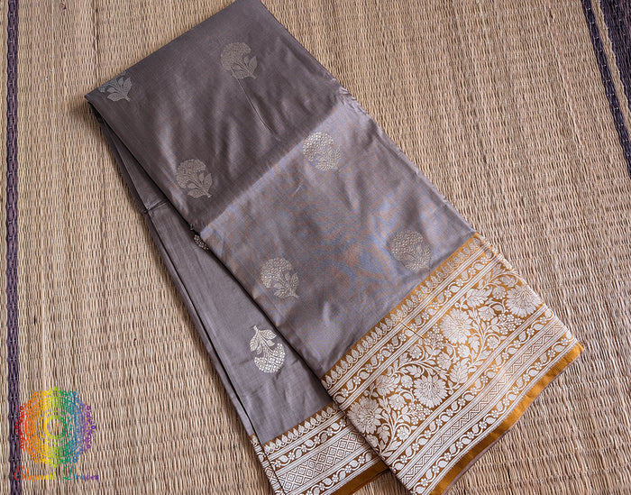 Muted Lavender Grey Banarasi Handloom Katan Silk Saree – Handloom Saree Online India | Elegantt Drapes