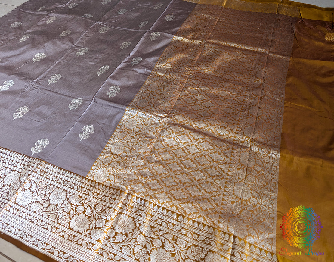 Muted Lavender Grey Banarasi Handloom Katan Silk Saree – Handloom Saree Online India | Elegantt Drapes