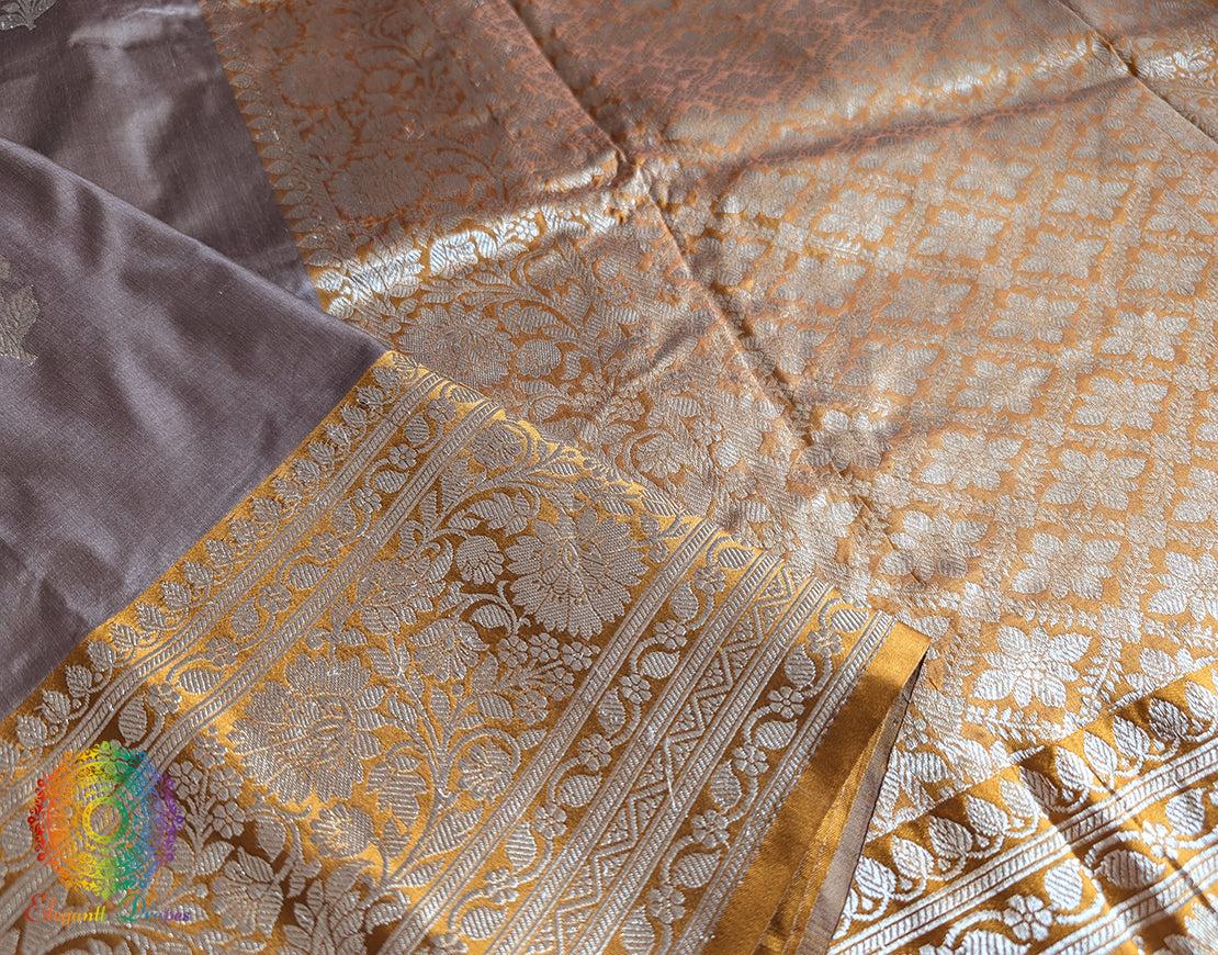 Muted Lavender Grey Banarasi Handloom Katan Silk Saree – Handloom Saree Online India | Elegantt Drapes
