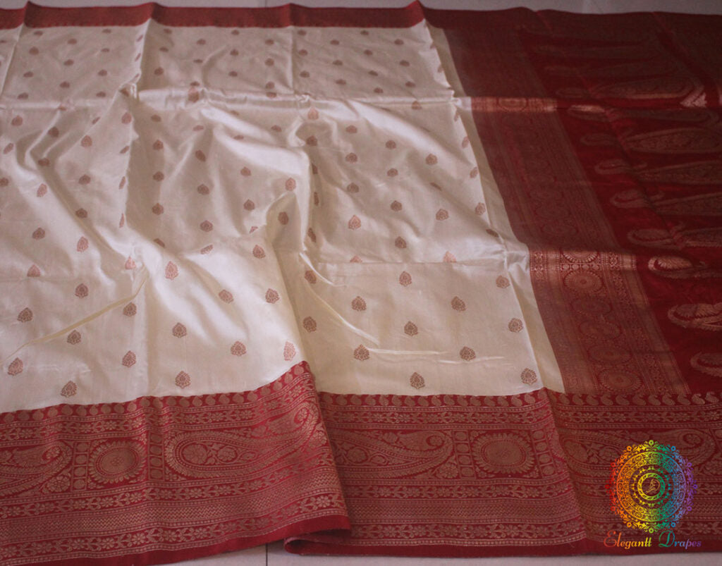 Off White Banarasi Handloom Pure Katan Silk Saree – Handloom Saree Online India | Elegantt Drapes