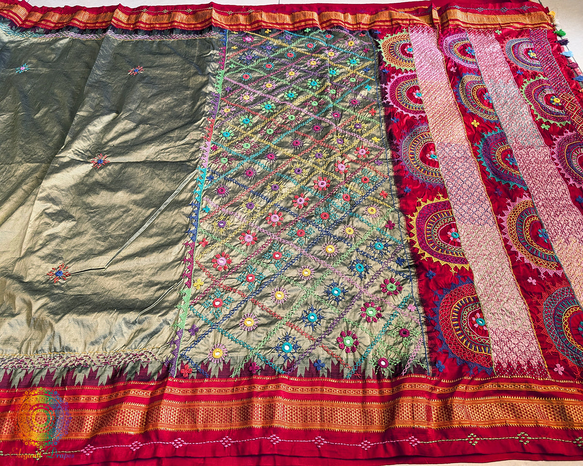 Moss Green Lambani Handwork Pure Ilkal Silk Saree – Ilkal Handloom Saree Online India | Elegantt Drapes